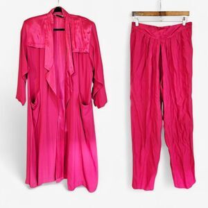 Vintage Forenza 80s Retro Fuchsia Satin Oversized Duster Yoked Waist Pant Set 10